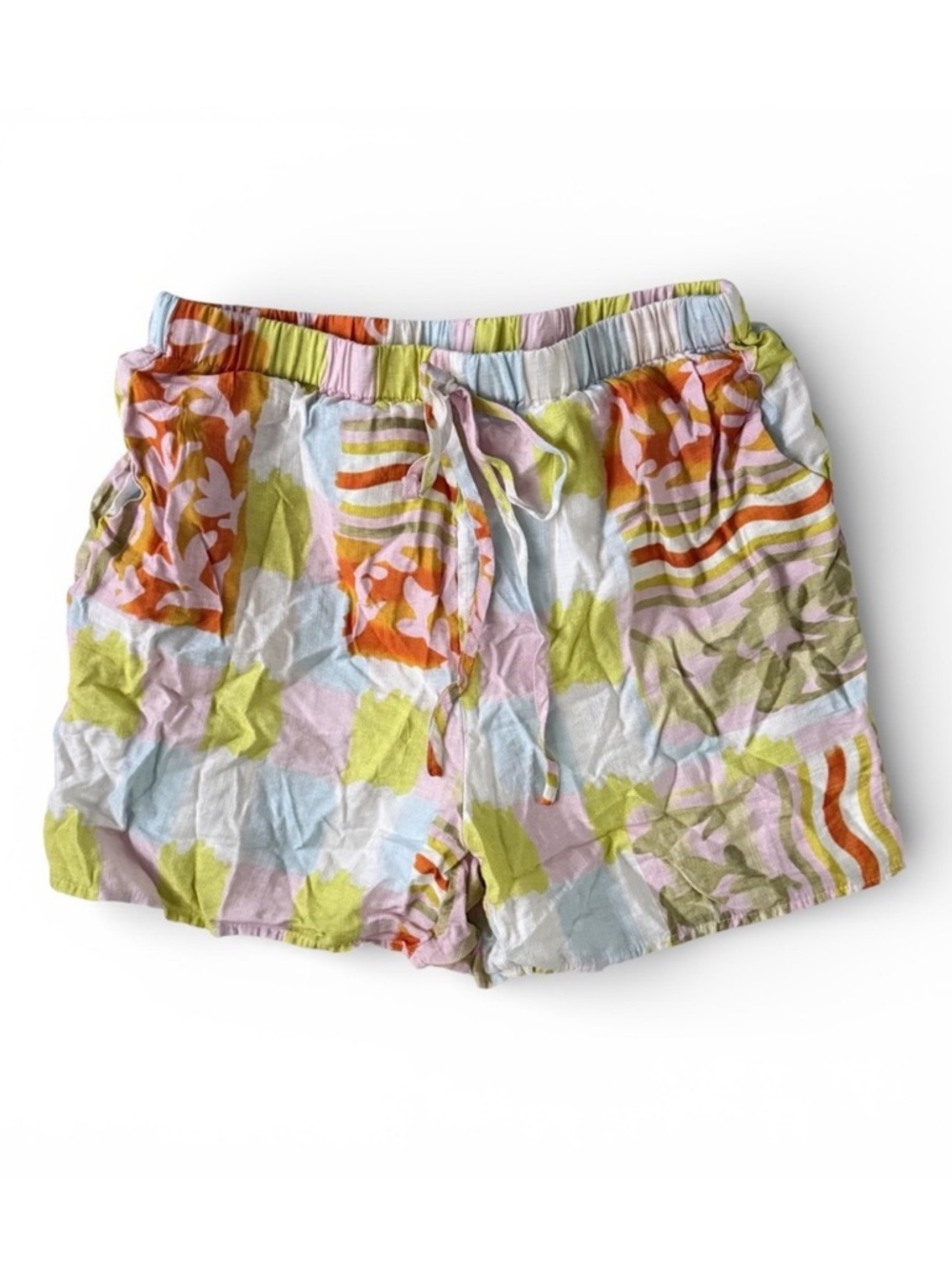 Pastel Tropical Abstract Patchwork Print‎ Boho Drawstring Shorts Size Small